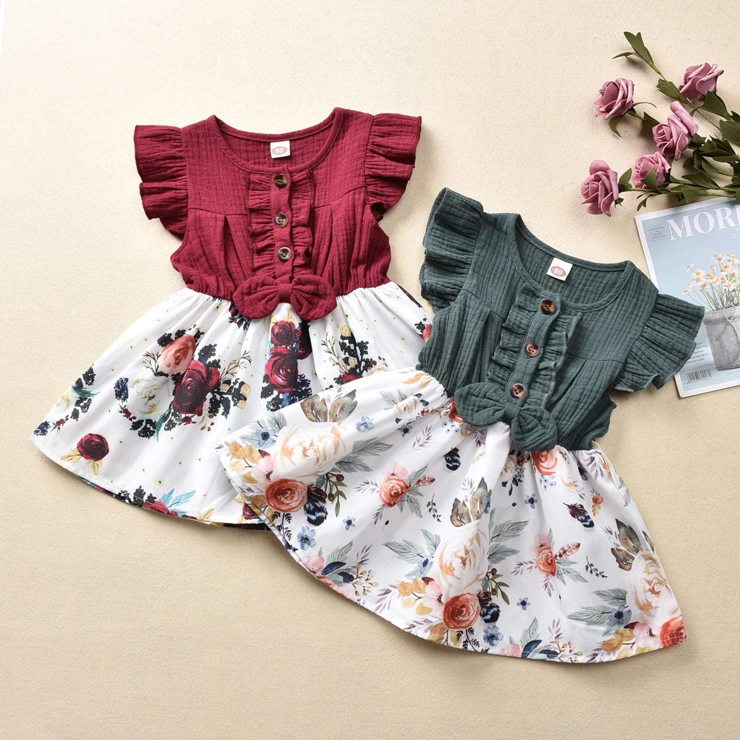 0-4Y Summer Princess Infant Baby Girls Dress Bowknot Flowers Print Ruffles Sleeve Knee Length A-Line Dress